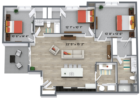 Floor plan for 3 beds, 2 baths, 1369 sqft